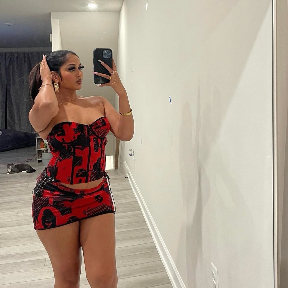 Edikted Red and Black Corset Top and Skirt Set